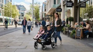 Navigating a bustling downtown sidewalk with a reliable twin stroller under $300.