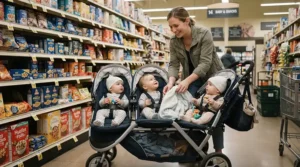 An affordable twin stroller under $300 loaded with shopping bags at a local supermarket