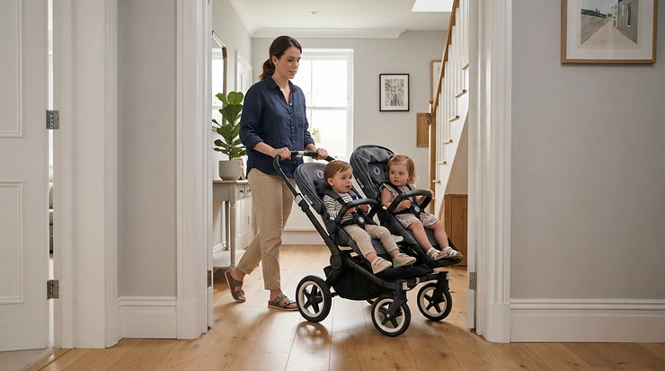 A compact twin stroller under $300 easily fitting through a standard apartment building entrance.