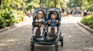 A twin stroller under $300 parked on a sunny neighborhood sidewalk during an afternoon walk