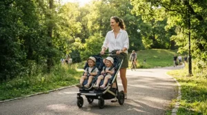 A mother pushing a twin stroller under $300 along a paved park path during a sunny afternoon.