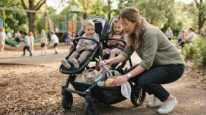 Accessing the large under-seat storage basket of a twin stroller under $300 at a playground.