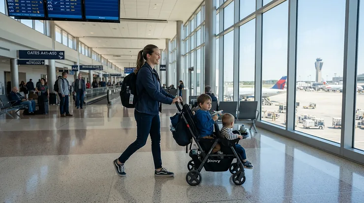 A happy family using their twin travel stroller for airplane travel to walk toward their departure gate.