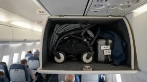 An ultra-compact twin travel stroller for airplane travel stored securely inside an overhead airplane storage compartment.