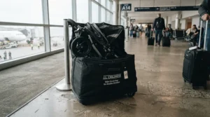 A protective travel bag holding a twin travel stroller for airplane travel at the boarding gate.
