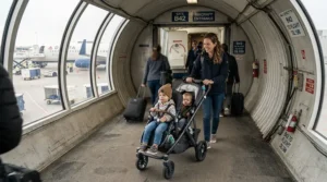A slim twin travel stroller for airplane travel rolling down a narrow jet bridge toward the aircraft door.