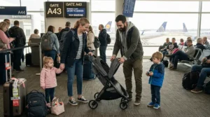 A narrow side-by-side twin travel stroller for airplane travel maneuvered down the main cabin aisle.