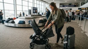 A parent quickly unfolding a twin travel stroller for airplane travel next to the baggage claim carousel.