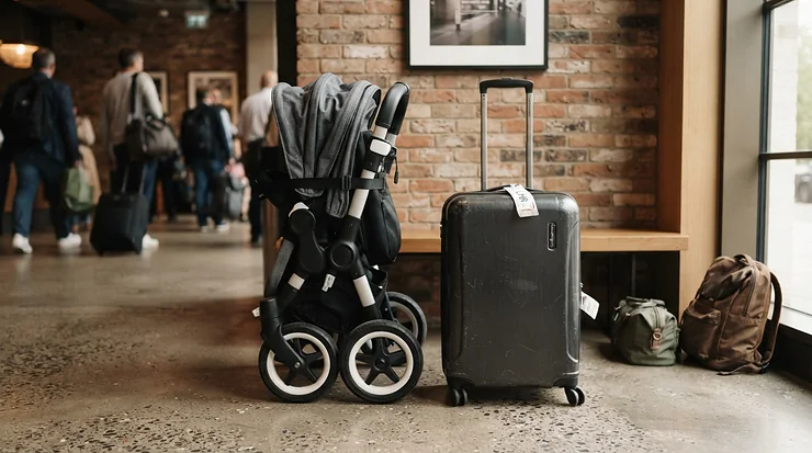 Showing the compact fold of a twin travel stroller with included travel bag next to airline luggage bins.
