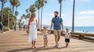 A happy family walking down a sunny resort boardwalk pushing their twin travel stroller with included travel bag stored underneath.