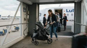 Folding a twin travel stroller with included travel bag right outside the airplane door before gate-checking.