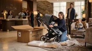Unfolding a twin travel stroller with included travel bag in a hotel lobby after a long flight with twins.