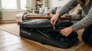 Packing a double stroller into a padded twin travel stroller with included travel bag for scratch-free transit.