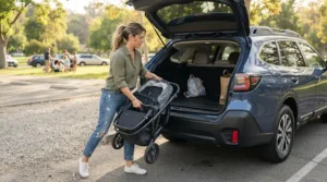 Loading a folded twin travel stroller with included travel bag into the trunk of a rental car for a family road trip.