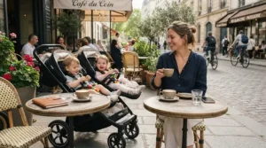 Taking a break at an outdoor cafe while discussing convertible double stroller vs sit-and-stand for second child features.