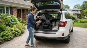 Loading gear to test a convertible double stroller vs sit-and-stand for second child capacity in a vehicle trunk.