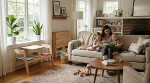 Parents reviewing a convertible double stroller vs sit-and-stand for second child setup inside their suburban home.