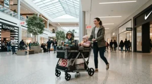 An illustration showing a family shopping indoors to help decide on a convertible double stroller vs sit-and-stand for second child.