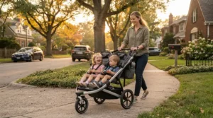 Evaluating a convertible double stroller vs sit-and-stand for second child during an evening neighborhood walk.