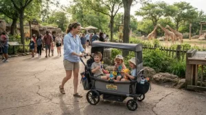 A family day out exploring zoo exhibits using a convertible double stroller vs sit-and-stand for second child setup.