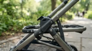 A close-up view of modular attachment points on a flexible convertible single-to-double stroller frame for growing families.