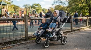 Exploring various seat configuration options on a practical convertible single-to-double stroller at a community playground.