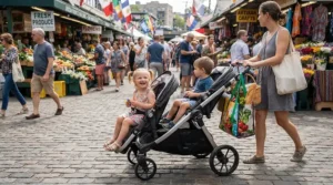 Comparing forward vs rear-facing seats on a convertible single-to-double stroller while visiting a local farmers market.