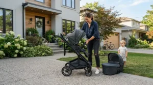 A flexible convertible single-to-double stroller transitioning easily from one seat to two outside a suburban home.