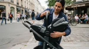 Demonstrating a modular seat stroller setup on this versatile convertible single-to-double stroller during a city errand.