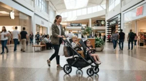 Navigating retail center aisles with a fully loaded convertible single-to-double stroller carrying two happy children.