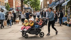 A versatile convertible stroller for city apartments configured with tandem seats for two young children on a sidewalk.