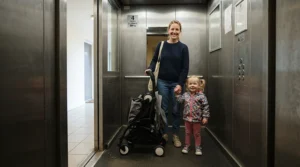 A parent and toddler riding a tight residential elevator in a high-rise with their convertible stroller for city apartments.