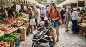 Shopping with a maneuverable convertible stroller for city apartments at a crowded neighborhood farmers market.
