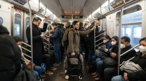 Parents navigating a rush-hour subway commute with their convertible stroller for city apartments.