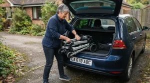 Loading a lightweight convertible stroller for city apartments into the trunk of a compact car.