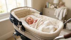 Safe newborn recline safety feature shown on a bassinet-compatible convertible stroller for toddler plus newborn bassinet.