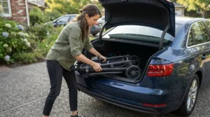 Loading a folded convertible stroller for toddler plus newborn bassinet into a car trunk for travel.