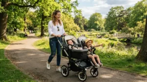 A mother walking in a sunny park with a convertible stroller for toddler plus newborn bassinet.