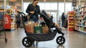 Using the large storage basket under a convertible stroller for toddler plus newborn bassinet during grocery shopping.