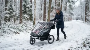 A convertible stroller for toddler plus newborn bassinet equipped with weather shields on a snowy sidewalk.