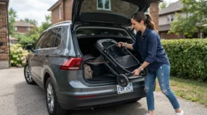 A budget expandable stroller shown folding compactly into a car trunk for family road trips.
