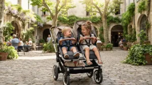 Children facing each other in a customized configuration on an expandable stroller for growing families under $300.