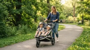 An expandable stroller for growing families under $300 being pushed along a sunny suburban park path.