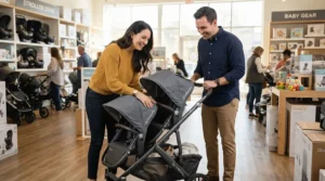 Parents looking at add-on seat pricing next to an expandable stroller for growing families under $300 in a showroom.