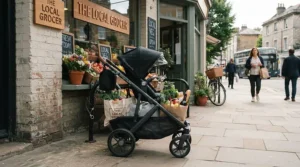 A low-cost growing-family stroller loaded with grocery bags in the under-seat storage basket.