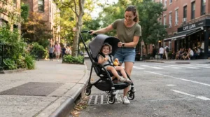 Demonstrating the lightweight frame of an expandable stroller for growing families under $300 on city pavement.