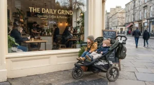 A parent parked outside a local cafe with a sleek single-to-double stroller for close-in-age siblings.