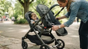 Close-up view of a parent converting a single-to-double stroller for close-in-age siblings by adding a second seat.