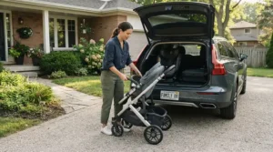 A father loading a compact single-to-double stroller for close-in-age siblings into the trunk of a suburban SUV.