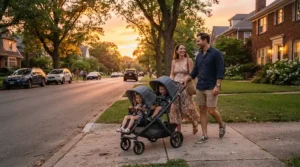 Parents using a single-to-double stroller for close-in-age siblings during an evening family walk in the neighborhood.